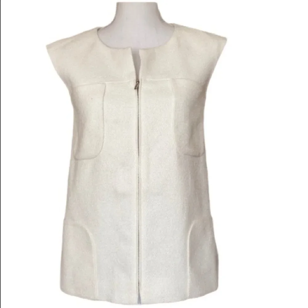 CHANEL White Cotton Pique Zip Up sleeveless Jacket Vest size 36 US 2/4 XS/S